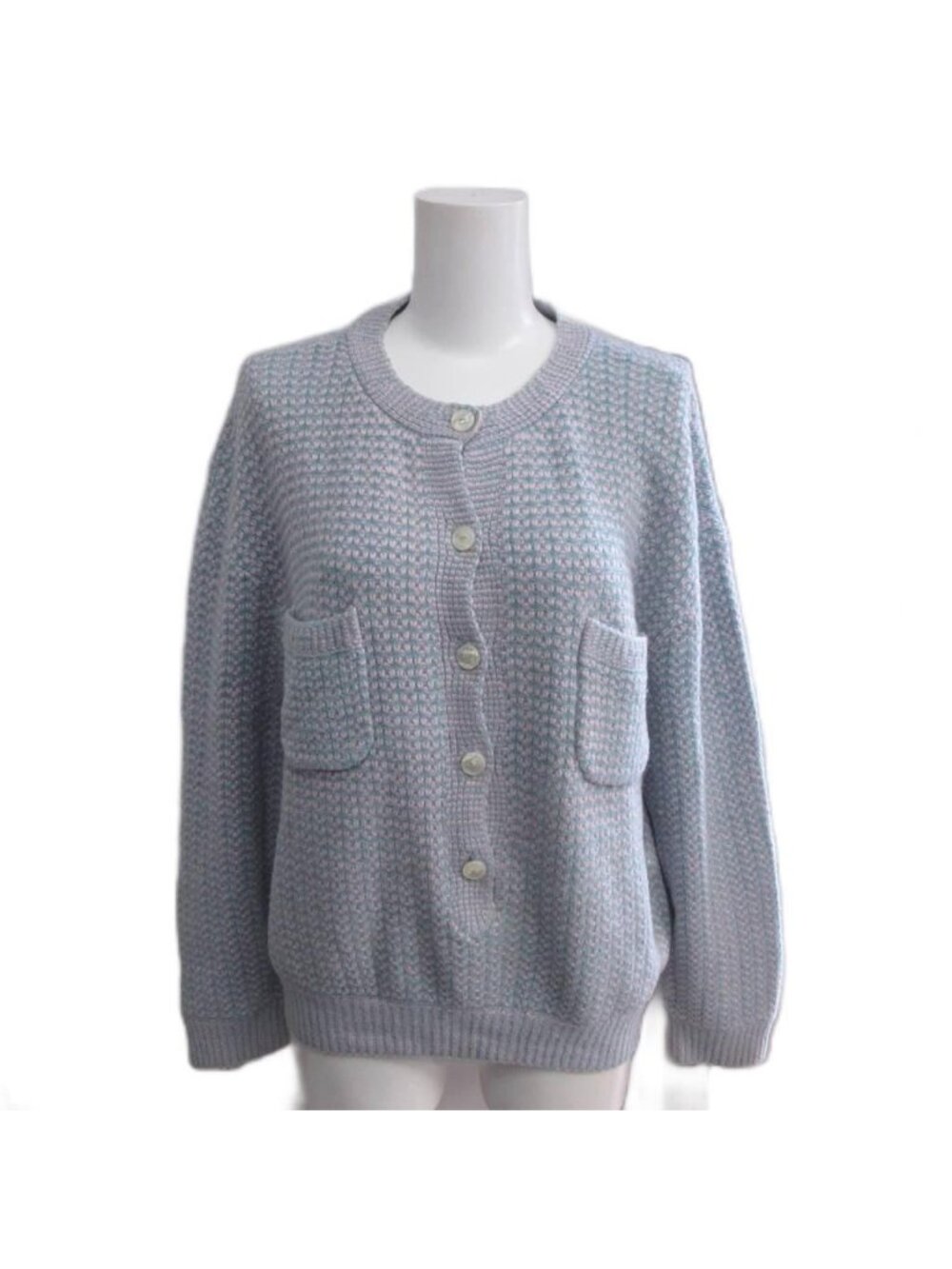 Chanel Mixed Tweed Cardigan Style Knit Sweater Pullover Long Sleeve Light Blue